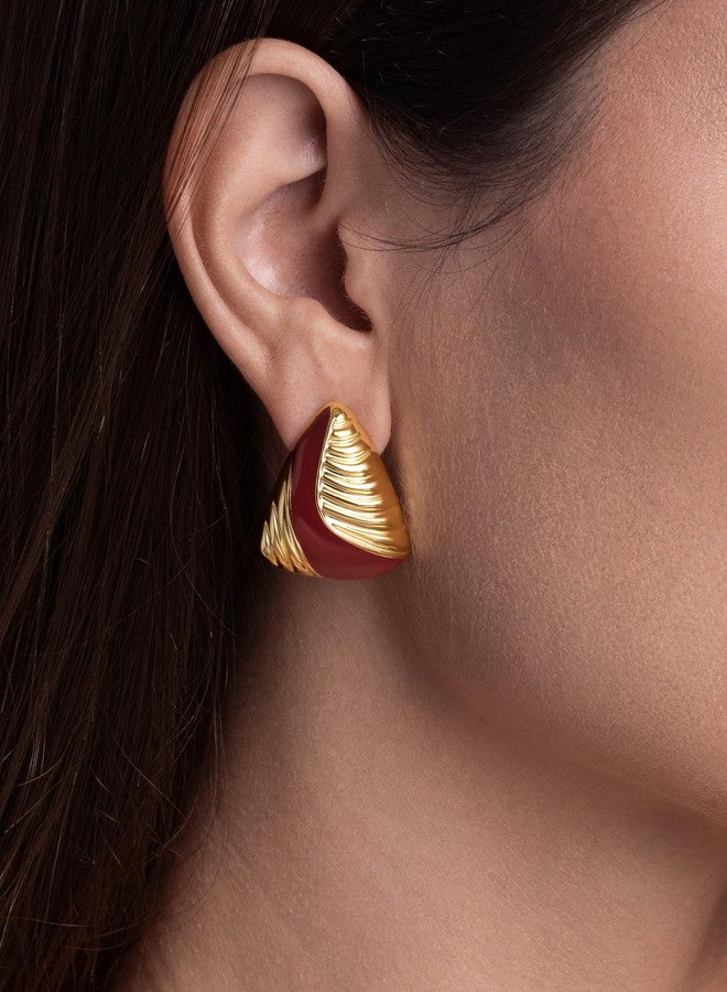 SNGIA 18K gold plated Enamel Triangle Stud Irregular Statement Earrings for Women by SNGIA, Bold Geometric Handmade Charm Trendy Bohemian Jewelry Gifts, Unique Baroque Summer Beach Fashion Earrings Accessories, Vintage Nickle Free Huggies Earrings. (Yellow 18K gold plated, Burgundy) - Image 4
